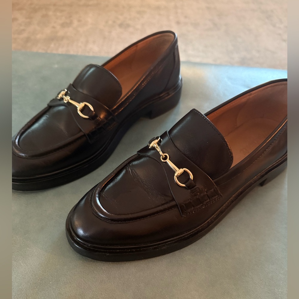 Madewell Black Leather Loafers with Gold Detailing